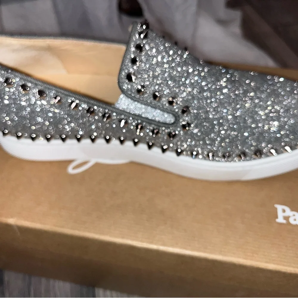 Christian Louboutin Calfskin Spikes Pik Boat Glitter Sneakers 37.5 Silver - Picture 5 of 6